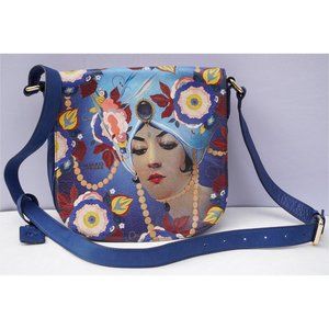 ICON Los Angeles Leather Crossbody Purse, Blue Floral Alberto Vargas Artwork